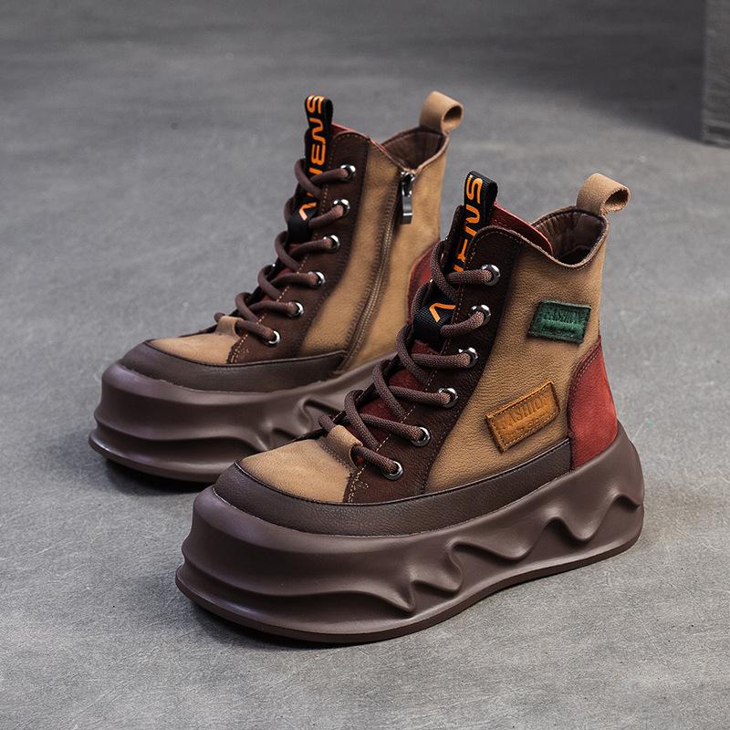 Fashion GKTINOO Women Motorcycle Boots Genuine Leather 2025 New Zip Round Toe Women Shoes Sewing Handmade Retro Ankle Platform Boots