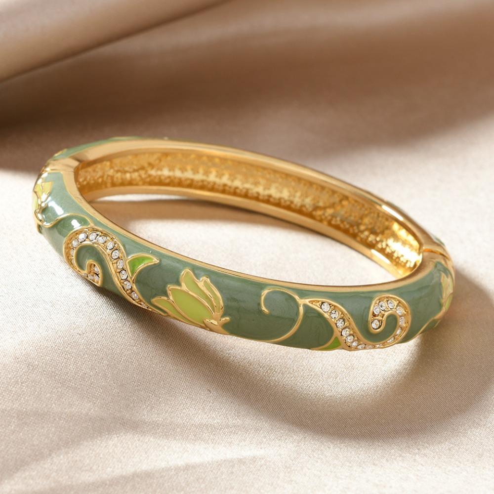 Traditional Lotus Flower Bangle Enamel Cheongsam Bracelet Chinese Cloisonne Bracelet  Jewelry Gifts