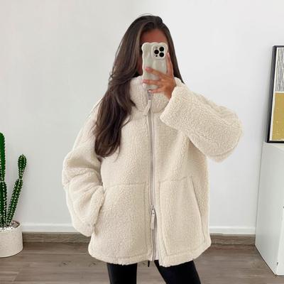 Women's Fleece Jacket Oversized Zip Up Stand Collar Fuzzy Sherpa Coat with Pockets Casual