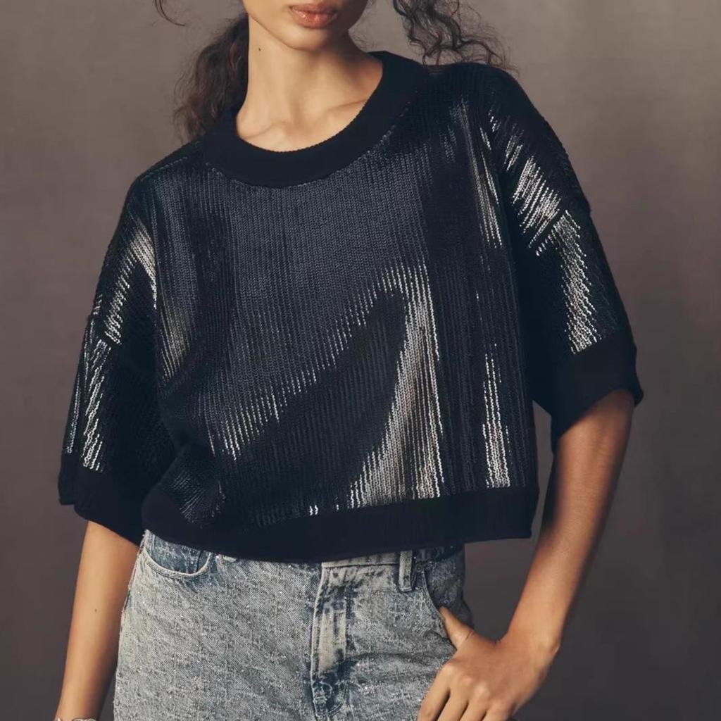 Summer 2026 Women's Solid Color Sequin Short Sleeve T-Shirt