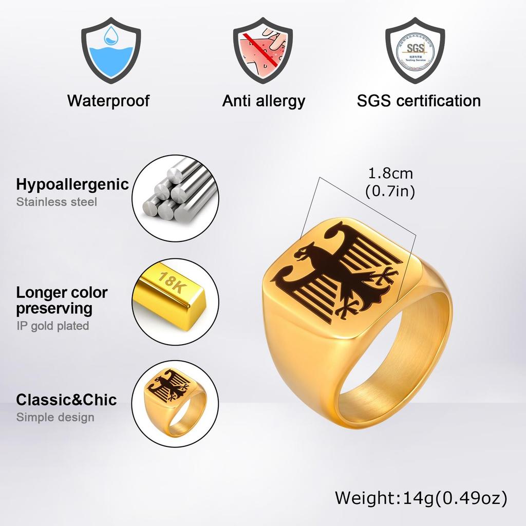 German Federal Eagle Signet Ring for Men,Stainless Steel Square Statement Ring,National Symbol Jewelry