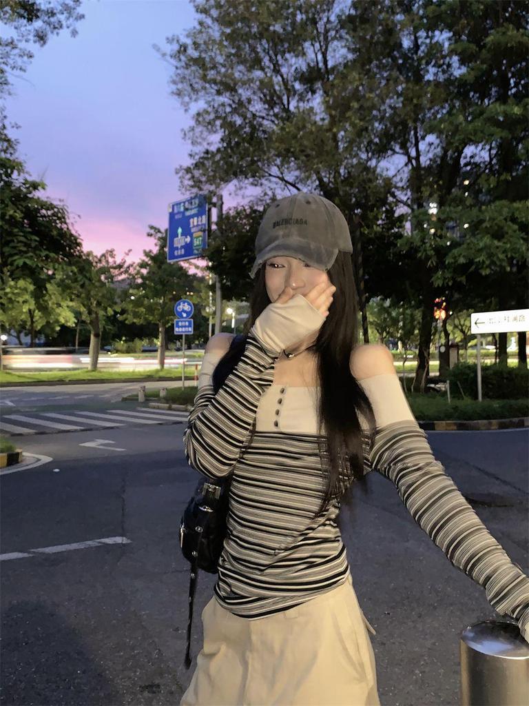 Retro Striped One-Shoulder Patchwork Slim Fit Long Sleeve Women's Top for Autumn 2025