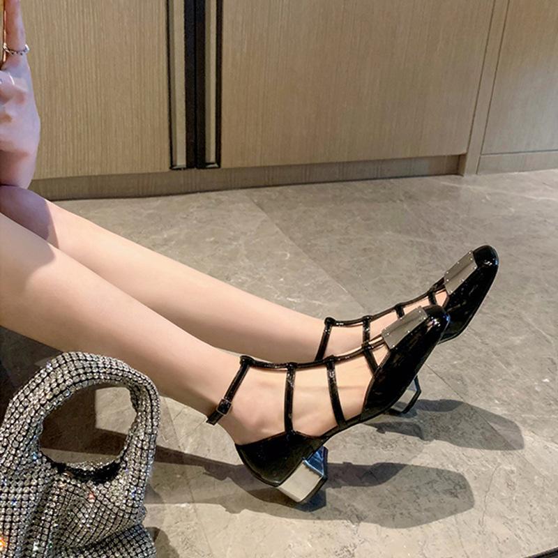 Grape Mother Studiolee Metal Buckle Patent Leather Square Head Hollow Strap Thick Heel Mary Jane Shoes Women's Summer New