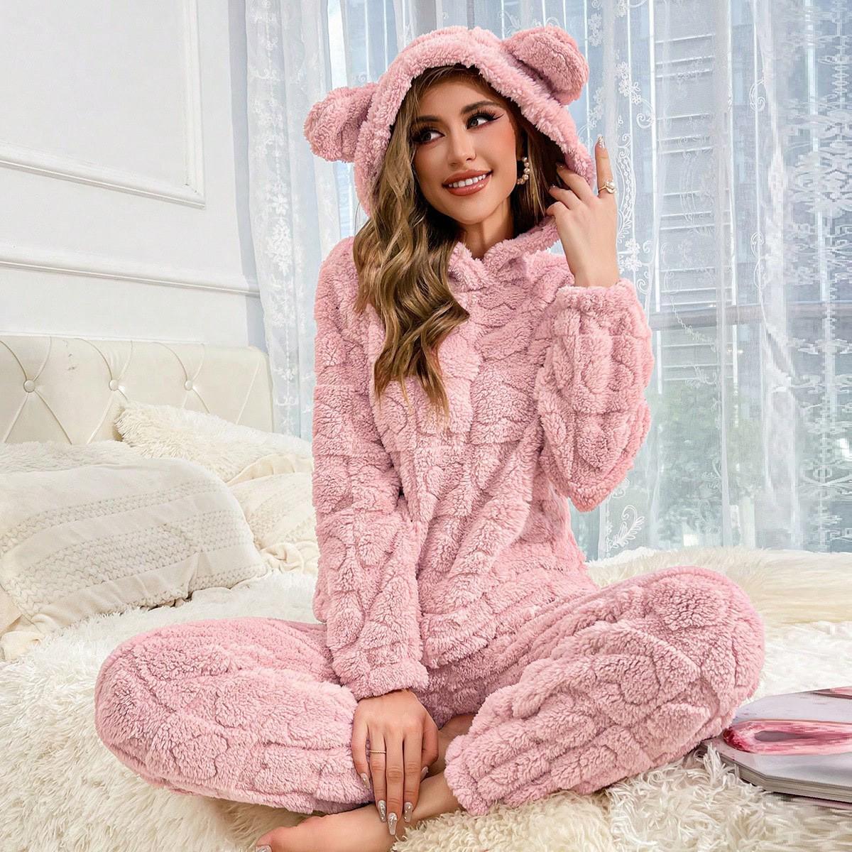 

European & American Love Heart Hooded Women s Pajamas - Thick Warm Coral Fleece Set for Autumn & Winter L рожевий