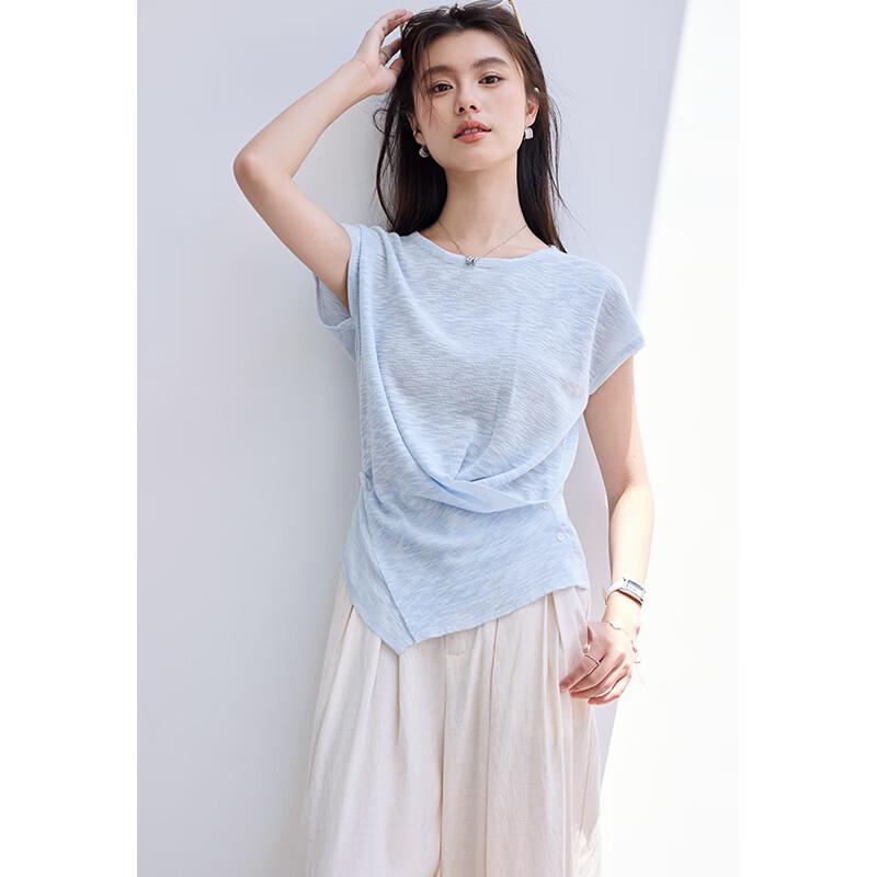 VICTORIA&VERA Women s French Style Slim Fit Drop-Shoulder Short Sleeve Cross-Waist Knit Top V9015S02 S