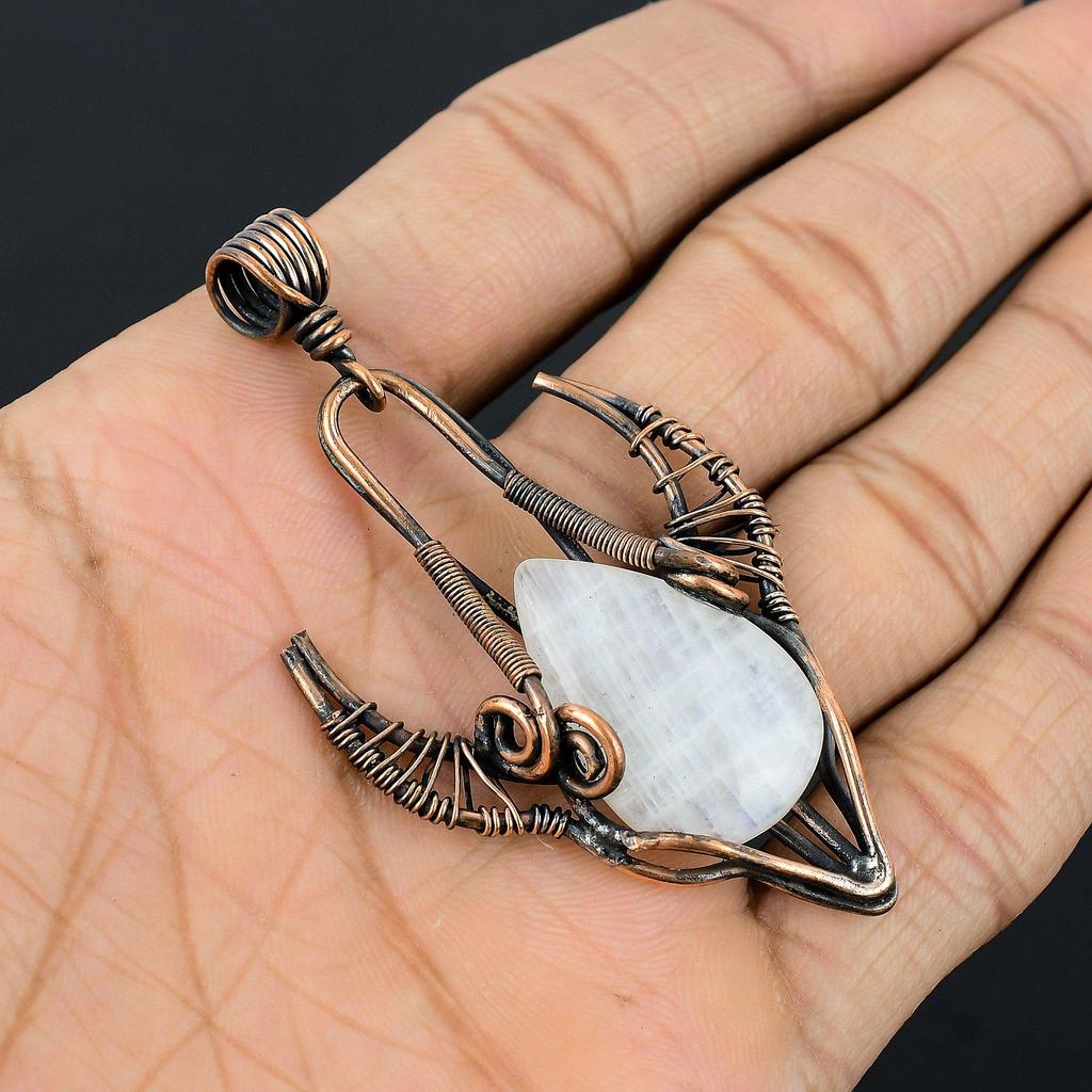 Moonstone 999 Copper Wire Wrapped Pendant, Handmade Gemstone Bull Face Pendant, Gift For Mom Antique Jewelry