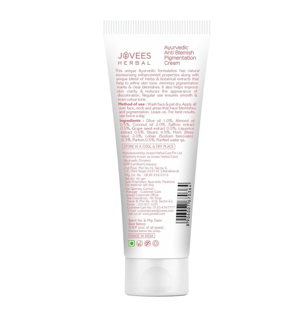Jovees Herbal Anti-Blemish Cream 60g For Pigmentation, Dark Spots, Acne Scars, Skin Brightening , Gentle Ayurvedic Moisturizer For All Skin Types