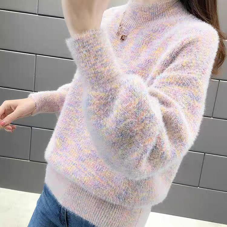 Imitation Mink Fur Sweater Women's Autumn and Winter Half Turtleneck Knitted Sweater Loose Long-sleeved Casual Pullover