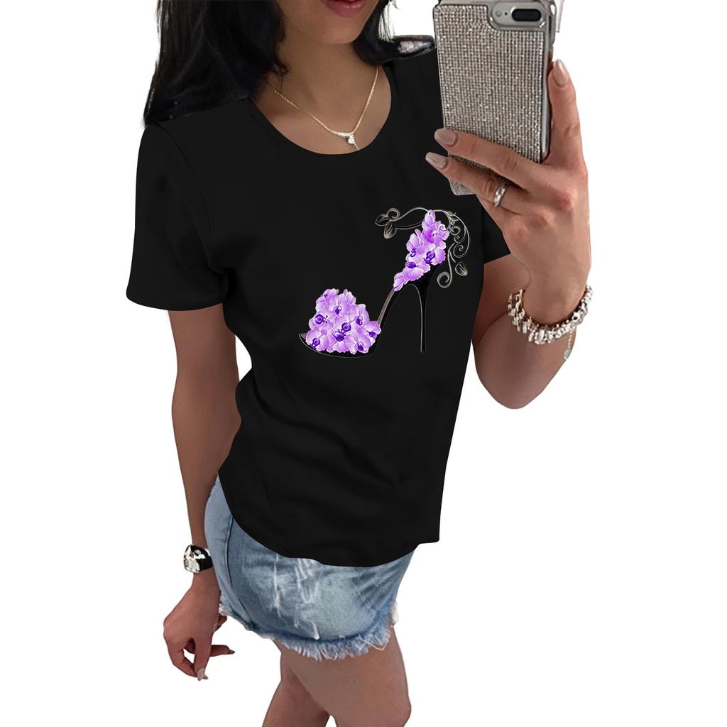 Women's Casual High Heels Floral Print Casual Short-sleeved T-shirt Pullover Round Neck Short-sleeved Top