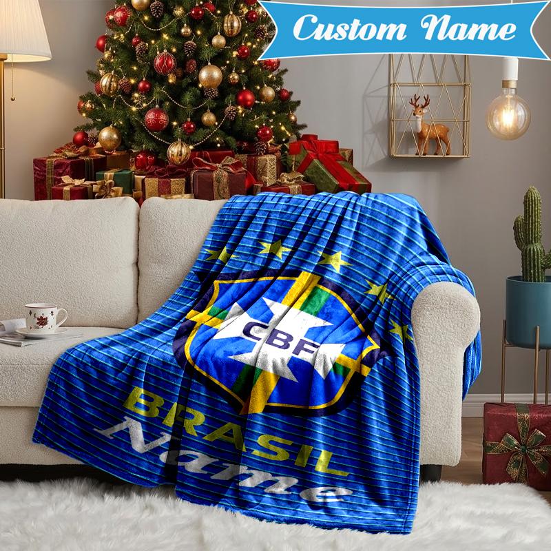 Custom Name Brazilian Football Emblem Blanket Lightweight Ideal Bedding Blanket Perfect for Travel, Camping, Living Rooms, Sofas, Christmas gift