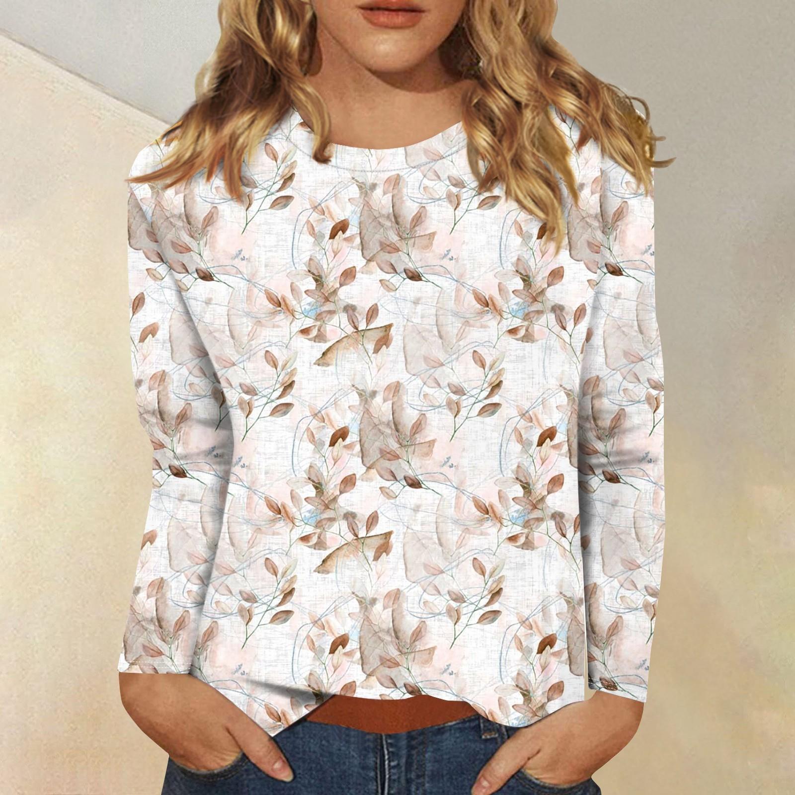 

Женская модная повседневная футболка с круглым вырезом и длинным рукавом с принтом, топ XXXXL бежевый