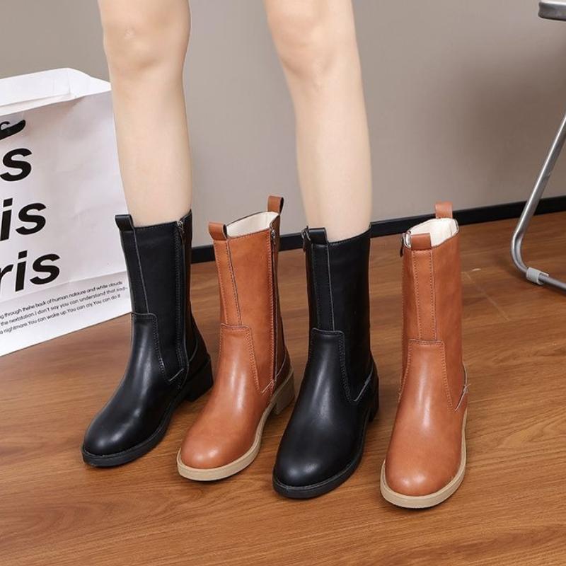 Round Toe Leather Ladies Mid Calf Shoes Autumn Winter Middle Heel Women's Half High Boots Demi-season Y2k Gothic Footwear Sale