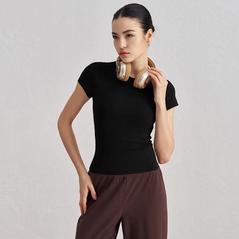 

2025 Yoga Jacket Tight Sports T-shirt Running Training Short Sleeve Waist Slimming Workout Top Breathable Quick-Drying Elastic Black L