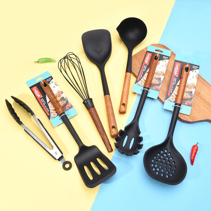 Multi-Color Silicone Wooden Handle Kitchenware Set Non Stick Pot Spatula And Spoon Cooking Utensils, Heat-Resistant