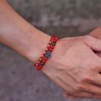 2pcs Double Layer Black Beads Anchor Bracelet Men Hand Rope Braided Lucky Red Rope Women Personalized Student Couple Bracelet