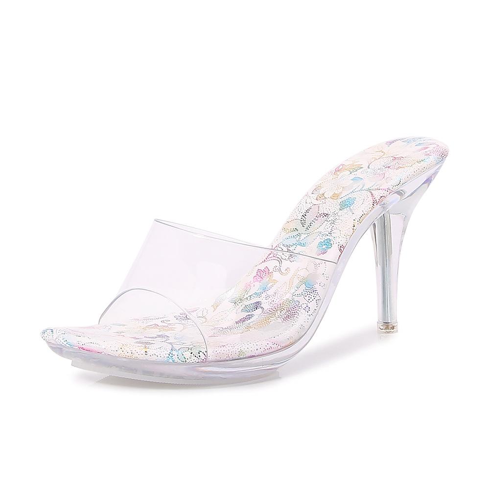 Summer New Transparent Crystal Heel Cool Slippers Women's Color Fashion Car Model Catwalk Large Size High Heels