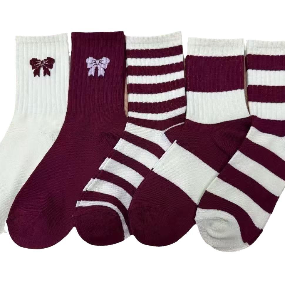5 Pairs of Angola Red Socks Women's Four Seasons Models New Butterfly Mid-calf Socks Versatile Striped Stockings Women's Socks New Year Socks
