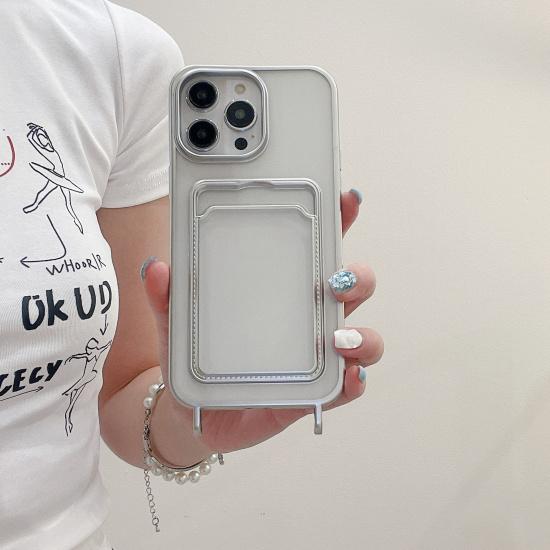 Simple Electroplated Transparent Card Holder Compatible with iPhone 14 Pro Max Apple 15 Phone Case 13/12 with Lanyard Hole 11(without Packaging）