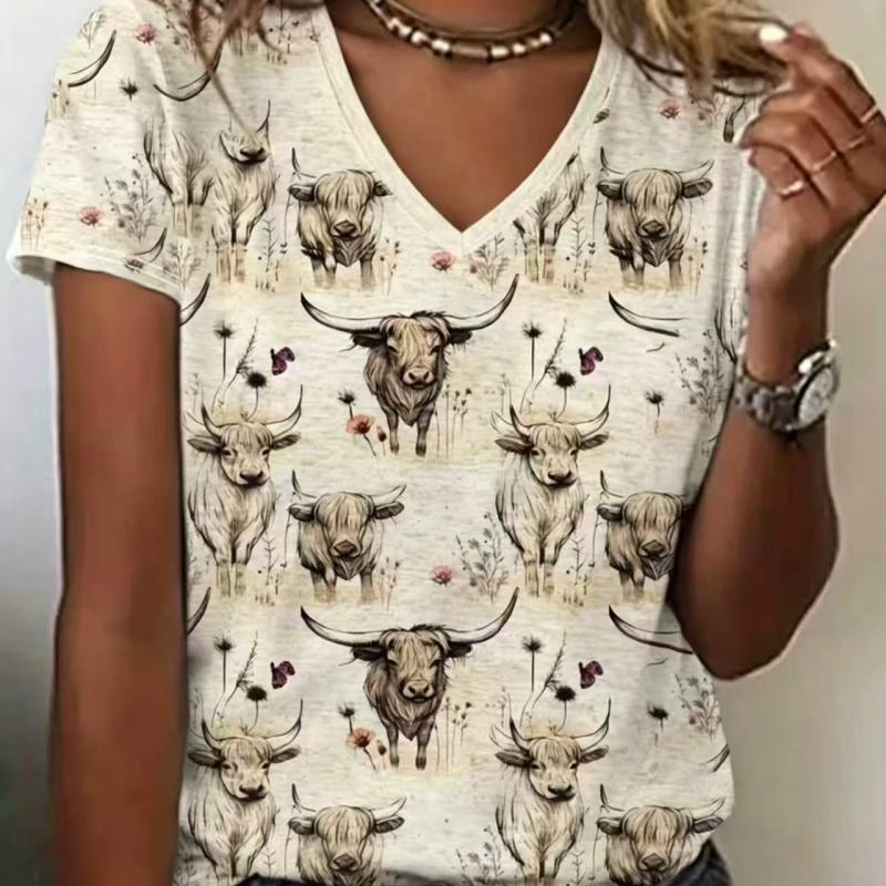 Summer Ladies 3D Printed V-Neck T-Shirt Fashion Versatile Breathable Trend Casual