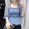 Mesh-Einsätze Wellenpunkt Bluse Damen Crop Top Quadratischer Ausschnitt Chiffonhemd Elastischer Raffrücken Temperament Feenhafter Stil Sommer