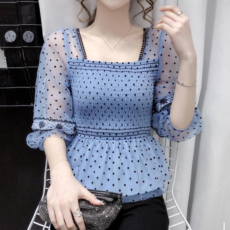 Síťované šití Vlnkový top Dámský zkrácený top Čtvercový výstřih Šifonová košile Elastické stažení vzadu Temperamentní Vílí styl Léto