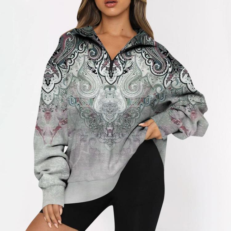 Women's Fashion Casual Oversized Drop Shoulder Floral Print Long Sleeve Zipper Sweatshirts Outdoor