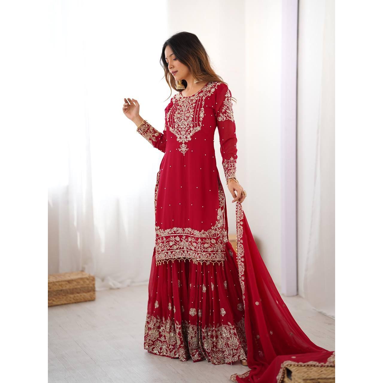 Launching New Đěsigner Party Wear Look Pur Heavy Faux Georgette Top Plazzo & Dupatta Set M