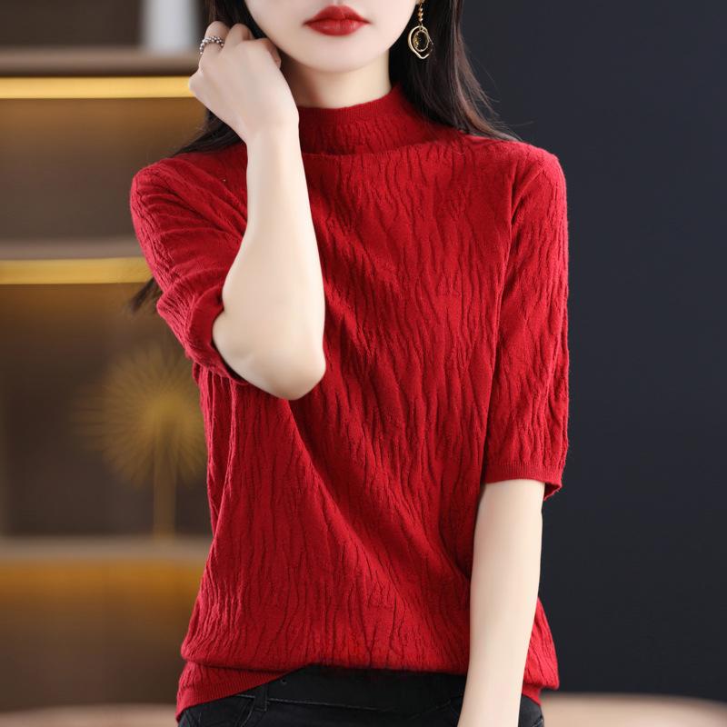 DAFIFY Women's Fashion Casual Summer Spring Solid Color Print Short Sleeve Half Turtleneck Blouses & Shirts