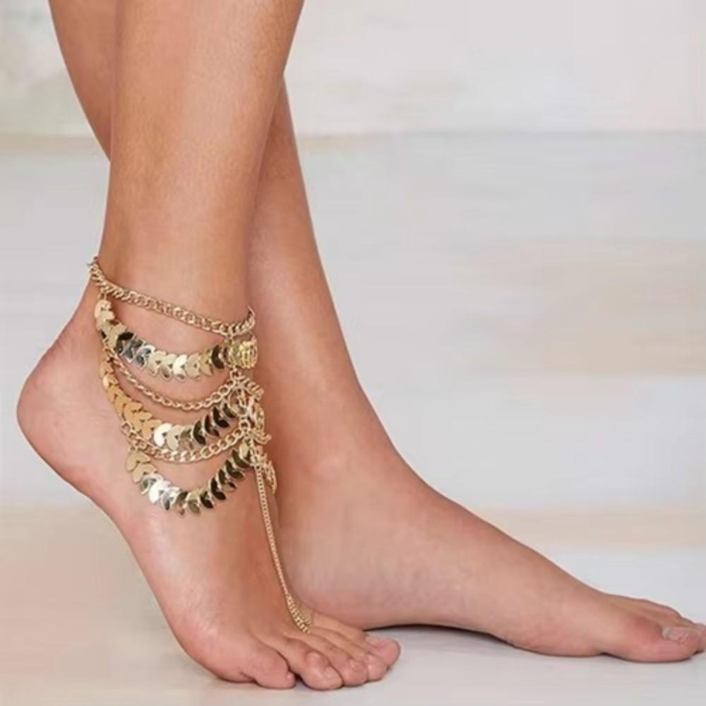 Vintage Tassel Chain Anklet Gold Color Foot Ornament Lightweight Foot Jewelry  COS