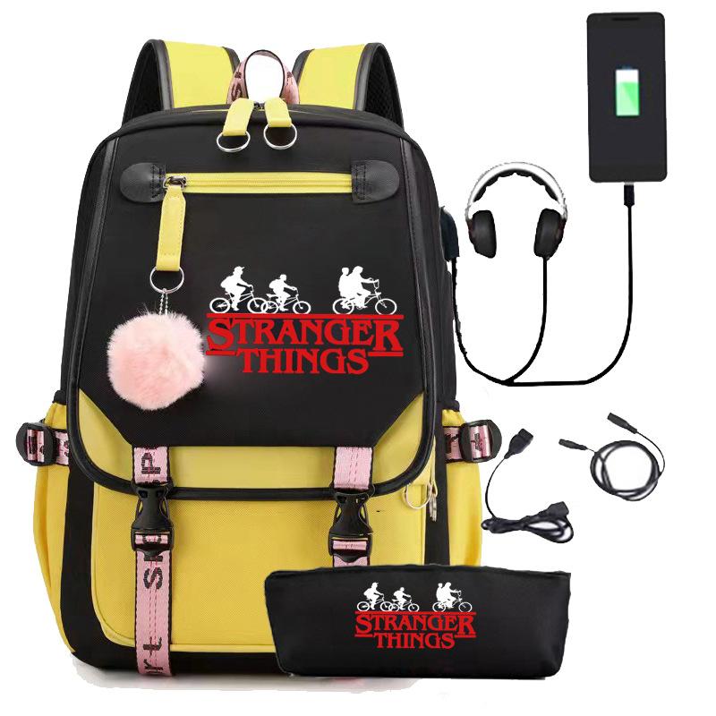 Zaino Stranger Things Stranger con Ricarica USB Borsa Scolastica per Studente di Scuola Media Astuccio Set da Due Pezzi