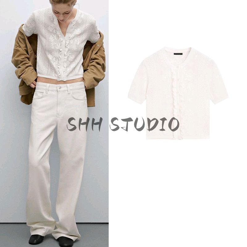 MD Spring/Summer New Arrival Women's Clothing French Romantic Style Exquisite Lace Round Neck Short Sleeve Knitting Cardigan 5716677
