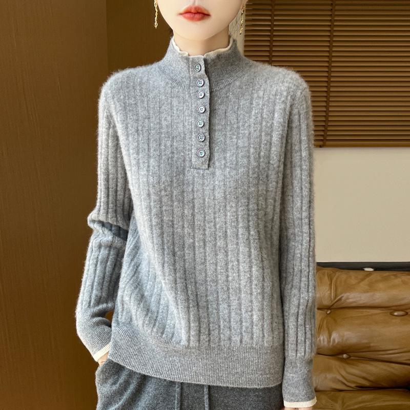 2025 Korean Style Double Stand Collar Wool Sweater - 100% Pure Wool Thickened Knitwear