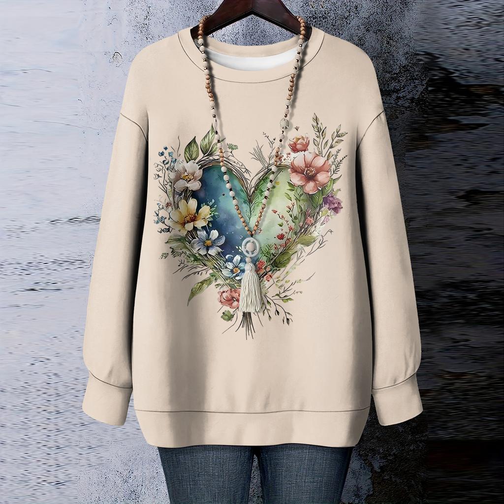 Women's Floral Print Round Neck Long Sleeved T-shirt Sweatshirt Top