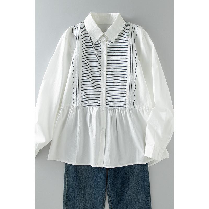 

Women s White Stripe Loose Fit Patchwork Cotton Linen Long Sleeve Shirt, Plus Size Available 2X Large белый