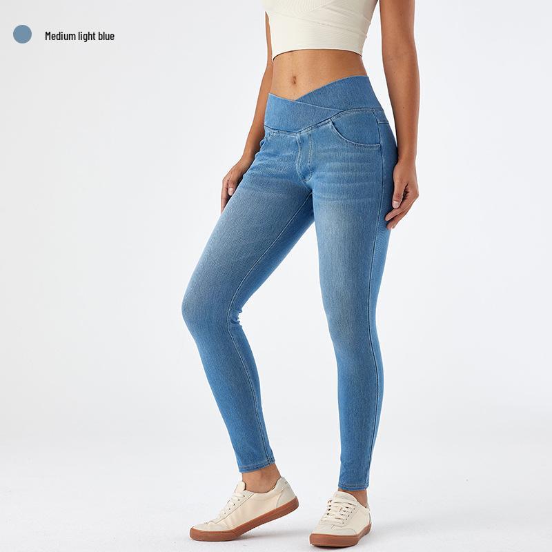 Women's European & American High-Stretch Cross-Waist Skinny Jeans with Pockets, Slimming, Butt-Lifting, Cat Whiskers & Monkey Wash.