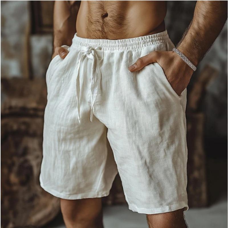 New cotton and linen shorts, drawstring elastic waist straight legs, solid color breathable daily beach five-point casual pants
