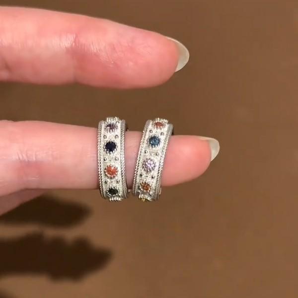Brushed Color Cubic Zirconia Ring: Women's Light Luxury, Retro, Colorful Trendy Index Finger Ring, Couple Matching