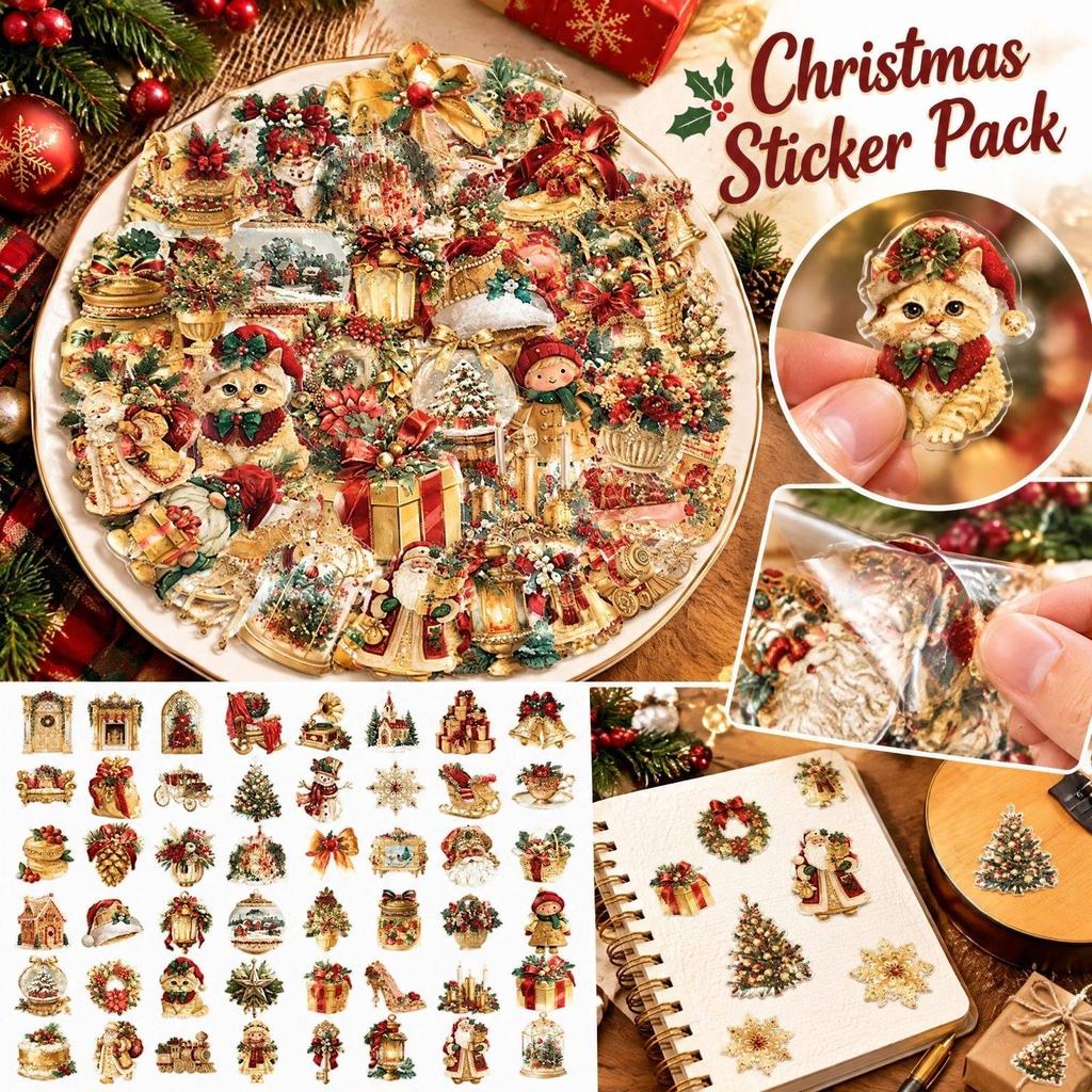 50 Sheets Gold Christmas Sticker Pack, Transparent Journaling Supplies for Scrapbook, Guitar and Notebook Decoration