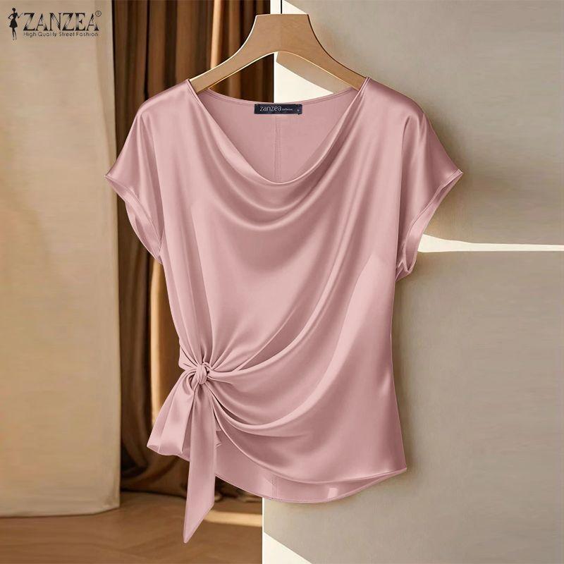 ZANZEA Women Elegant Round Neck Lace-Up Casual Short Sleeve Blouse