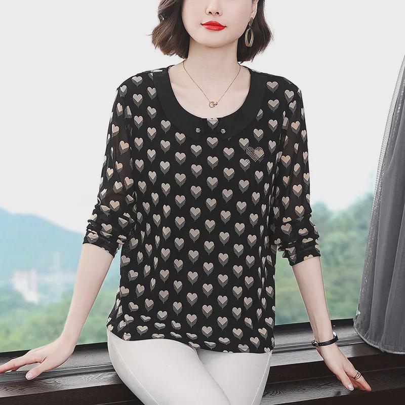 Spring 2023 Printed Collared Tops for Women - Long Sleeve, Plus Size, Middle-Aged Mom's T-Shirts