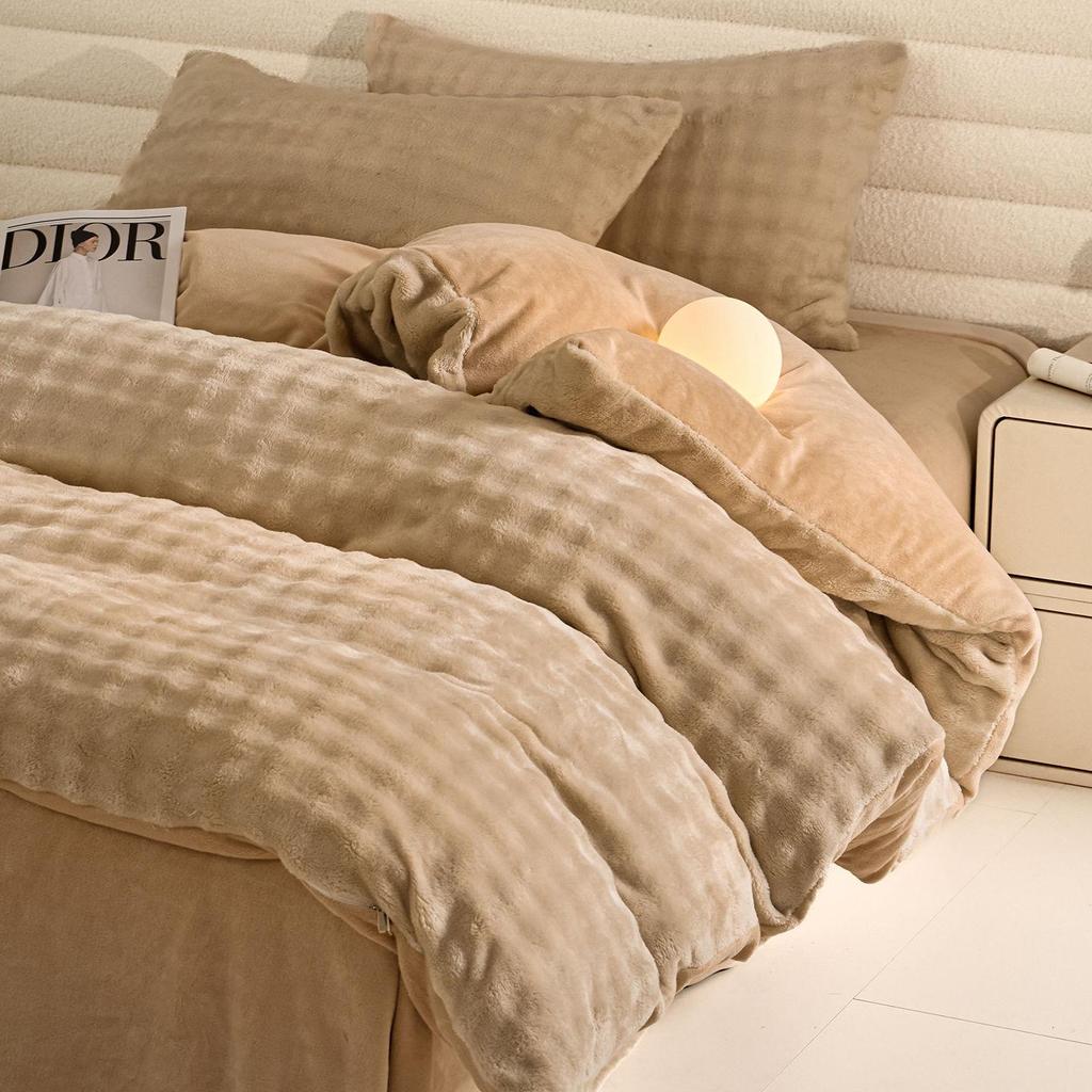 2025 New Winter Faux Rabbit Fur & Milk Velvet Flannel Bedding Set: Thickened, Warm, 4-Piece, Includes Fitted Sheet