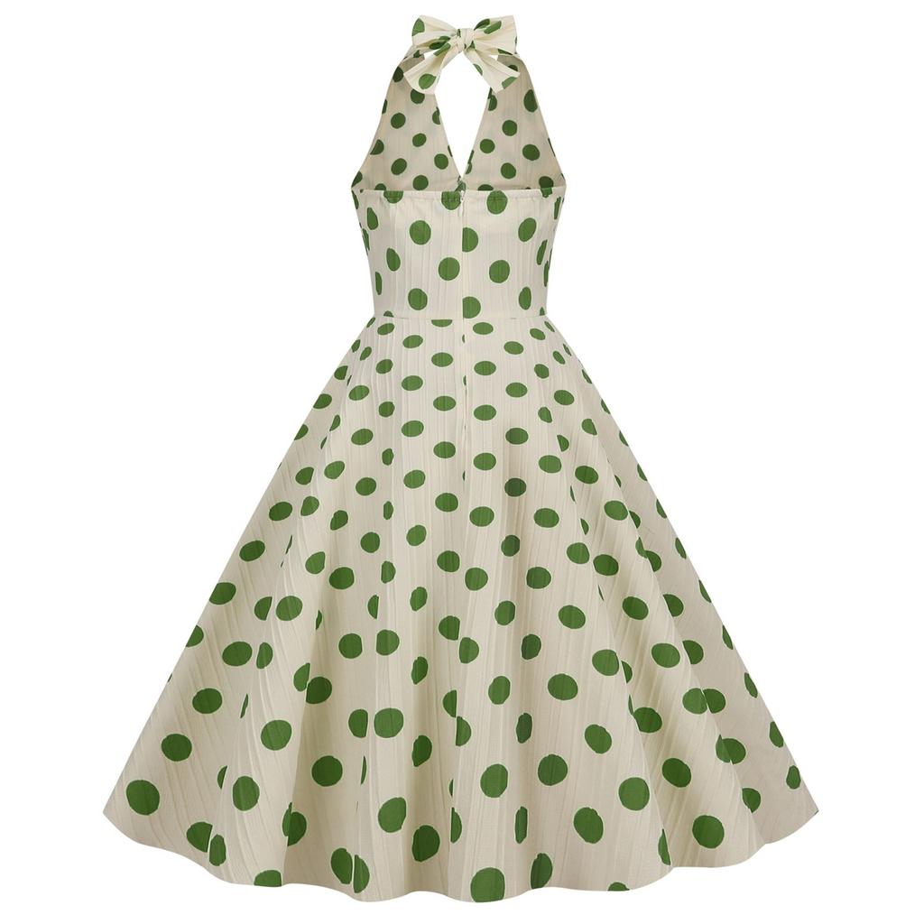 Women's Retro  High Waist Polka Dot Holiday Party Dress Neck Backless Sexy Midi Dress