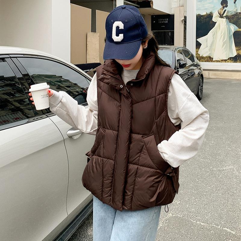 

Хлопковый жилет женская верхняя одежда европейская станция осень и зима новый повседневный свободный без рукавов утолщенный теплый однотонный хлопковый жилет XXL-145-80 kg темно-коричневого