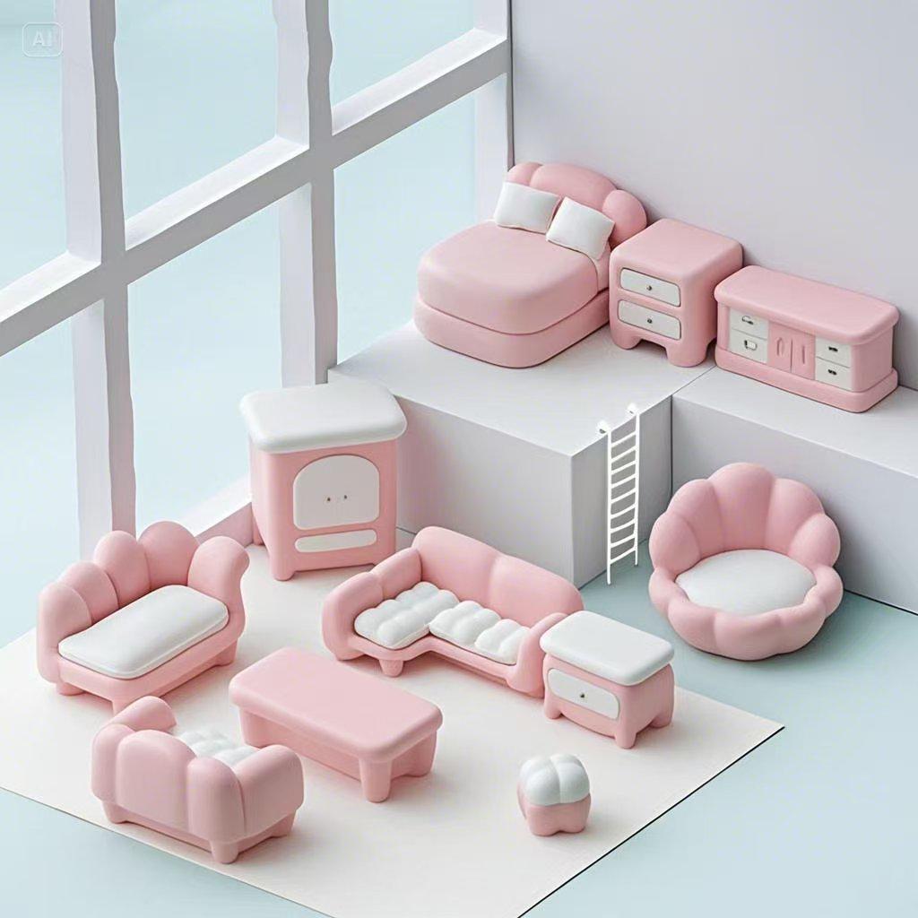 Ręcznie robiony różowy mini zestaw do salonu: Sofa, Łóżko, Stół, Szafa i Wystrój Domku dla Lalek