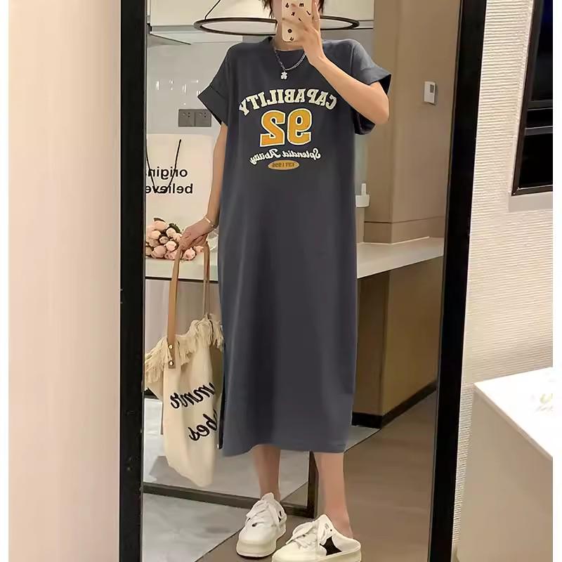 

Chic European Letter Print Short Sleeve Maternity T-Shirt Dress with Summer Irregular Split Design XXXL [160-175 lbs]