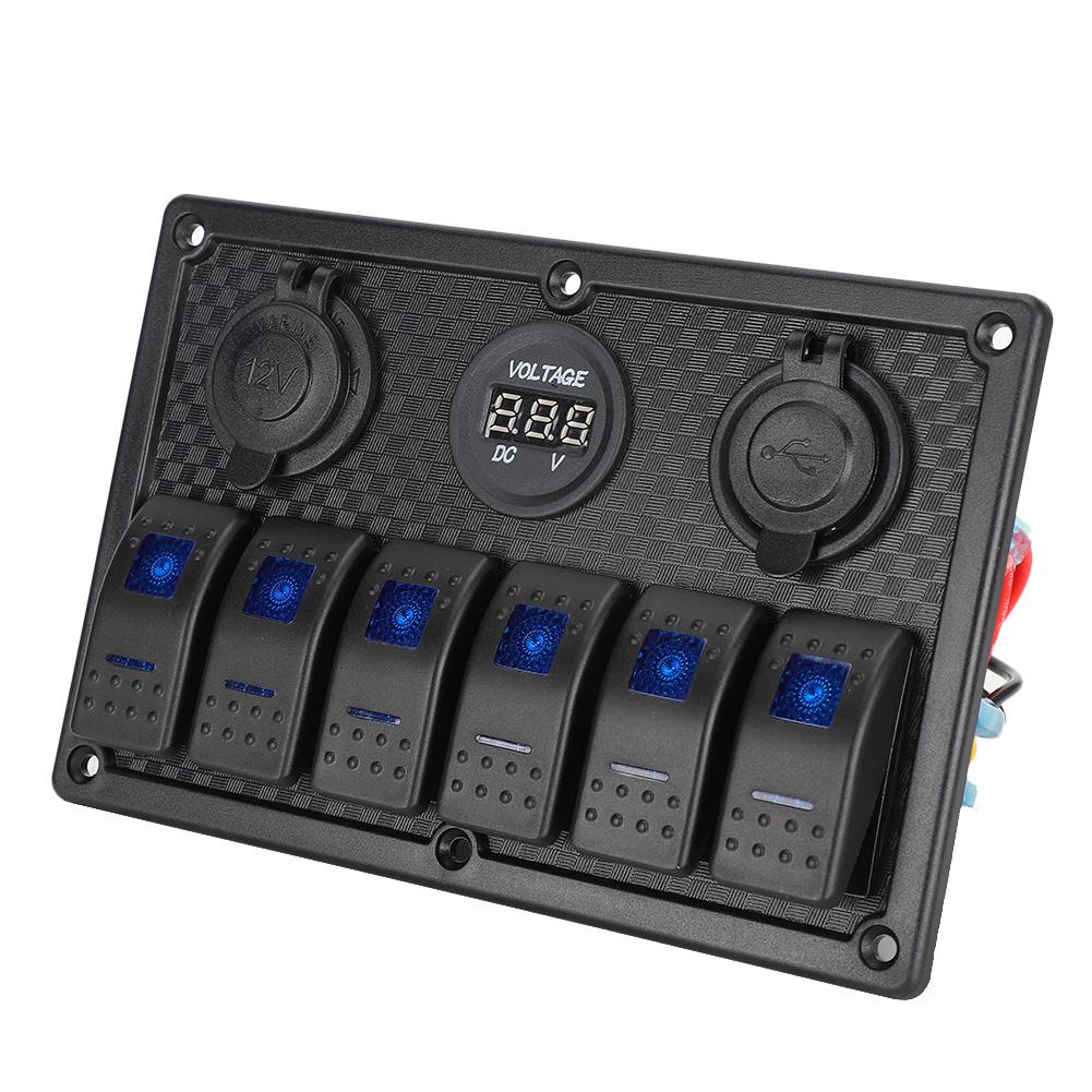 12V‑24V 6 Gang Rocker Switch Panel with Cigarette Lighter Socket 2 USB Voltmeter Display for Car Boat Truck RV
