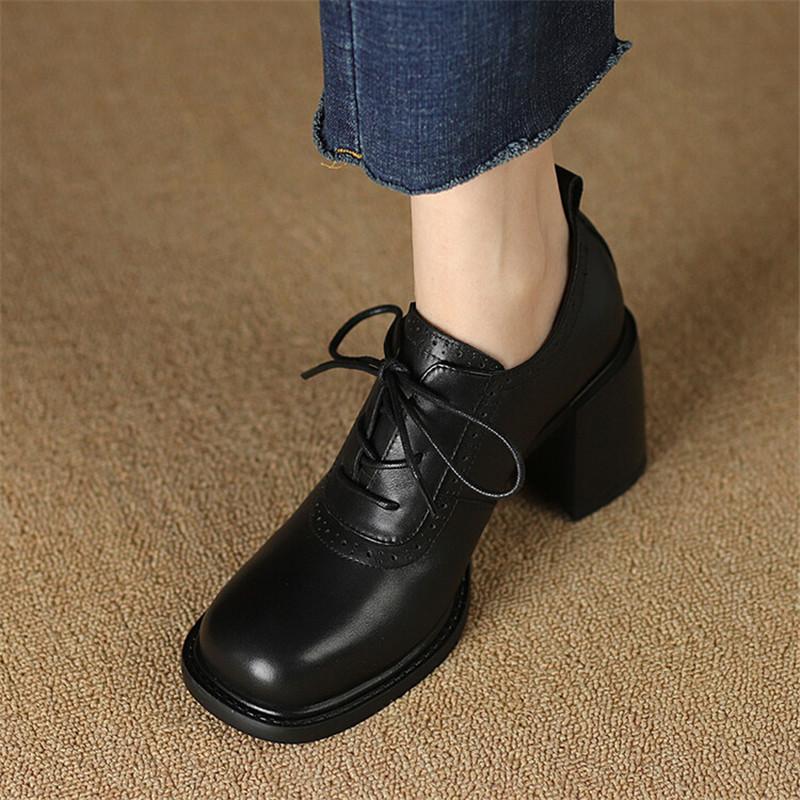 Fashion New Spring Genuine Leather Women Shoes Square Toe Women Pumps Shoes for Women High Heel Chunky Heel Shoes Zapatos Mujer Loafers