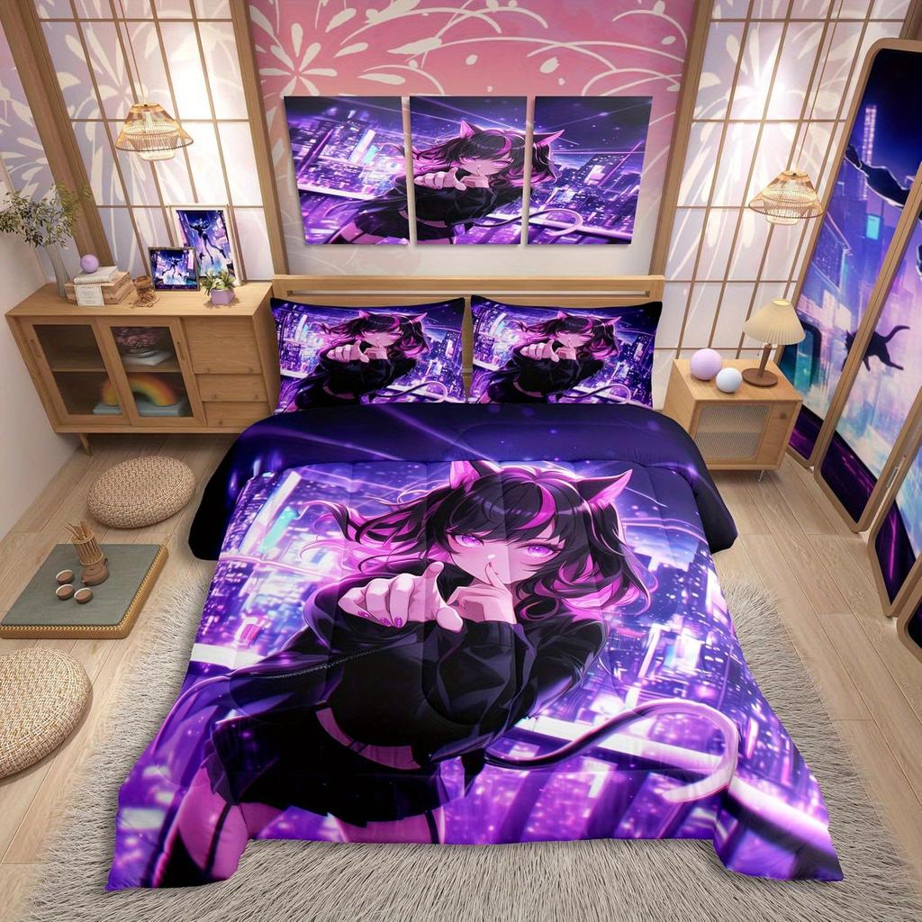 Erosebridal 3/2-teiliges Anime-Bettwäscheset, Japanisches Anime-Bettdeckenset, Cartoon-Bettdeckeninlett für Teenager-Schlafzimmerdekor, Kawaii Japanes