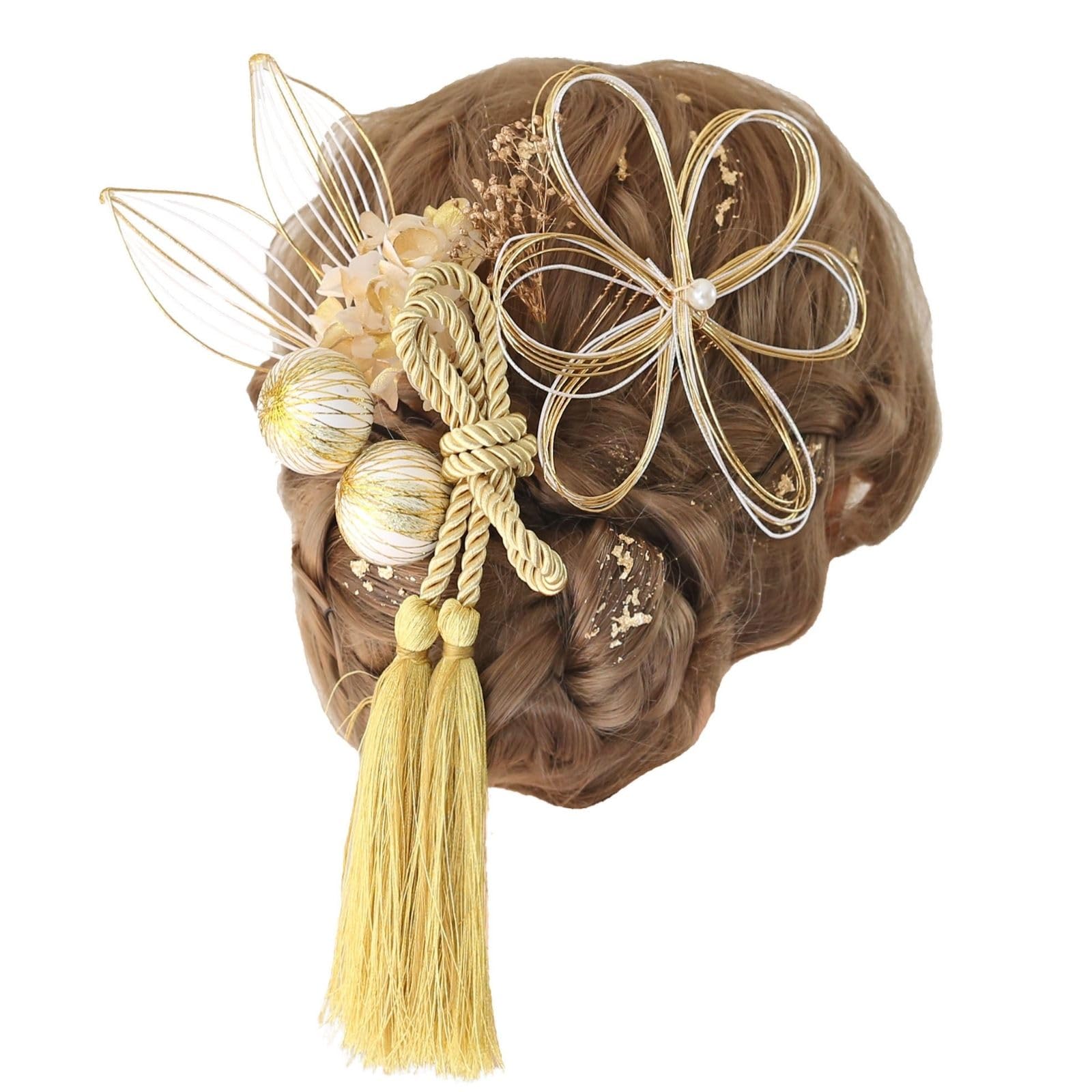 

Bud Flower Hair Graduation Dried Gold Ornament, Coming-of-Age Ceremony, Ceremony, Flowers, Mizuhiki, Leaf, Kimono, Furisode, Hakama, Headpiece, золотой