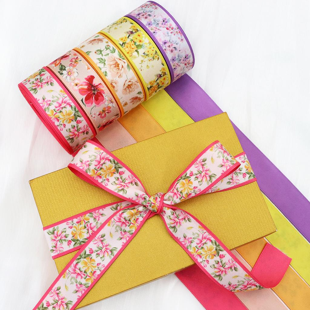 High End Double-sided Printed Floral Print Contrasting Satin Ribbon Handmade Bow Hair Accessory Ribbon Gift